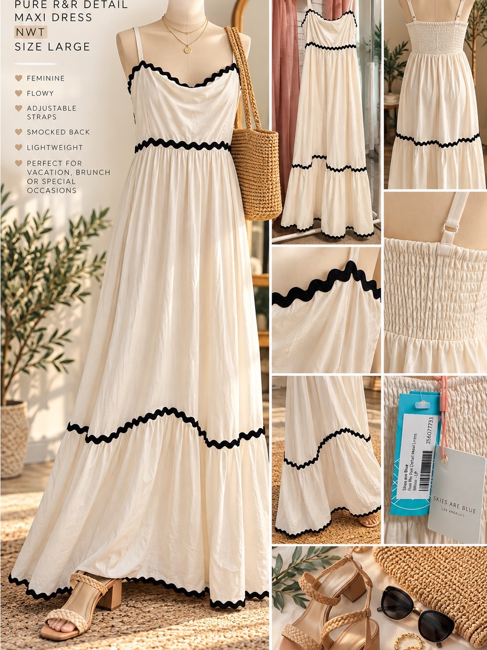 Skies Are Blue Cream Maxi Dress with Black Scallop Trim